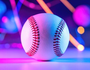 A close-up, illuminated shot of a baseball with detailed red stitching and a colorful background