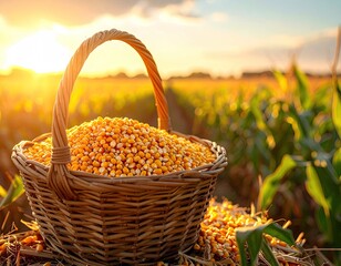 Woven basket overflows with kernels, set in a golden field at sunset