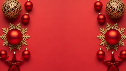 Festive Christmas decorations arranged on a vibrant red background. A merry and bright holiday season concept
