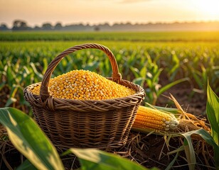 Close-up of harvested corn in a wicker basket with a harvested ear in a vast field
