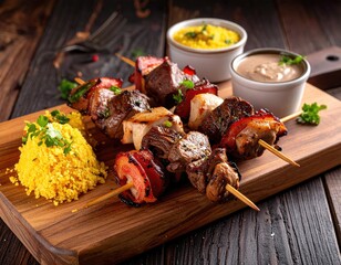 Skewered grilled meats and veggies served with sides and dipping sauce on a wooden board