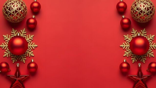 Festive Christmas decorations arranged on a vibrant red background. A merry and bright holiday season concept
