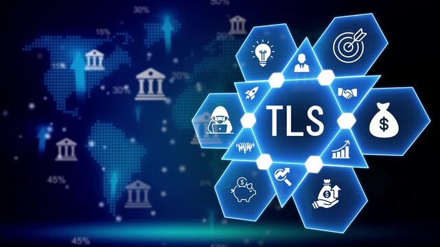 World map with glowing blue hexagons and TLS symbol representing global internet security and encrypted connections Keywords: TLS, security, internet, world map, global, network, connectivity