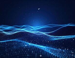 Digital wave patterns with a deep blue ambiance, dotted forms, floating speckles