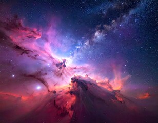 A vibrant cosmic vista showcases a nebula's colorful formations, set against the backdrop of the Milky Way