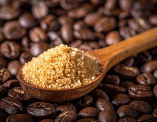 Close-up of a wooden spoon filled with brown sugar, set amidst roasted coffee beans