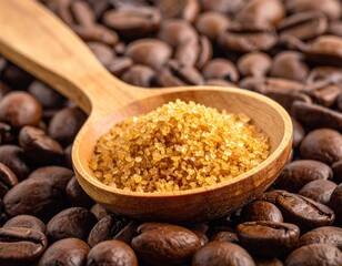 Close-up of coffee beans with a wooden spoon holding granulated brown sugar