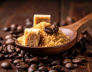 Close-up of coffee beans and sugar on a wooden spoon and brown wooden surface
