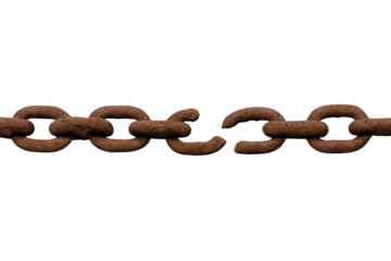 Broken rusty chain showing a concept of freedom, release, overcoming, breaking free, and weak link on transparent background