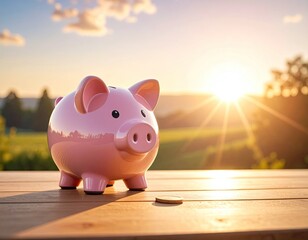 A pink ceramic coin bank sits on wood, a single coin nearby, sunrise behind