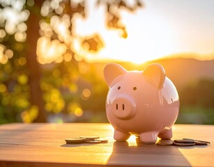 A pink ceramic piggy bank sits on a table outdoors with coins, sunlight, and a blurred background