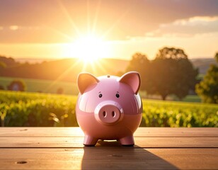 A pink piggy bank sits on wooden slats, bathed in the golden light of a setting sun over fields