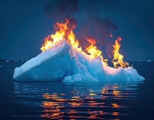 Surreal depiction of a melting iceberg engulfed in flames, floating on calm dark water