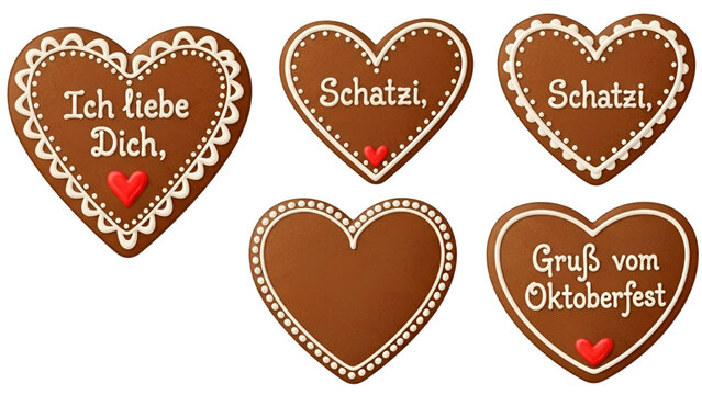 Oktoberfest gingerbread heart cookies with german messages and decorations