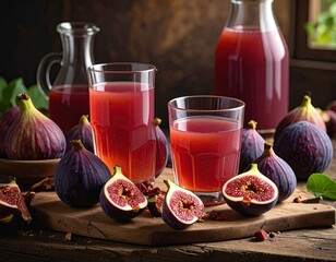 Still life of a fig drink, featuring juice in glasses with fresh figs on a wooden board