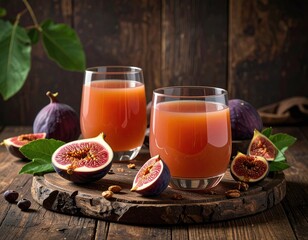 Two glasses of refreshing juice with figs, set on a wooden platter and table, dark wood backdrop