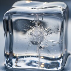A stunning close-up of a clear ice cube with a dramatic starburst crack