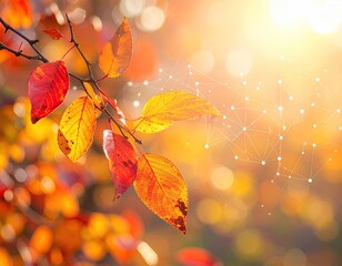 Close-up of autumn leaves on a branch, soft background, abstract connections