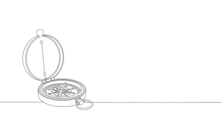 A minimalist line drawing of an open antique compass with a detailed face resting on a horizontal line against a white background © Line Home