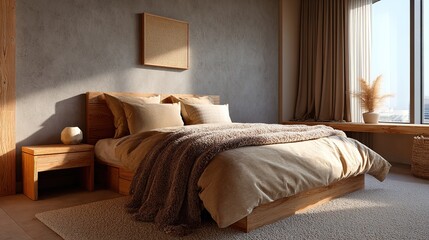 Serene Bedroom Sanctuary: A beautifully designed bedroom showcasing natural light, and the inviting warmth of the room invites peace and tranquility. 