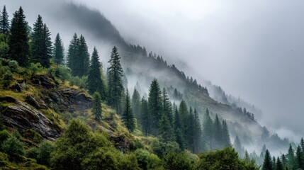 A lush green forest with a misty, foggy atmosphere. The trees are tall and dense, creating a serene and peaceful environment. The fog adds a sense of mystery and tranquility to the scene
