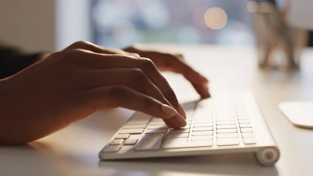 Close-up of a person's hands typing on a white computer keyboard on a bright desk, suggesting work or communication.