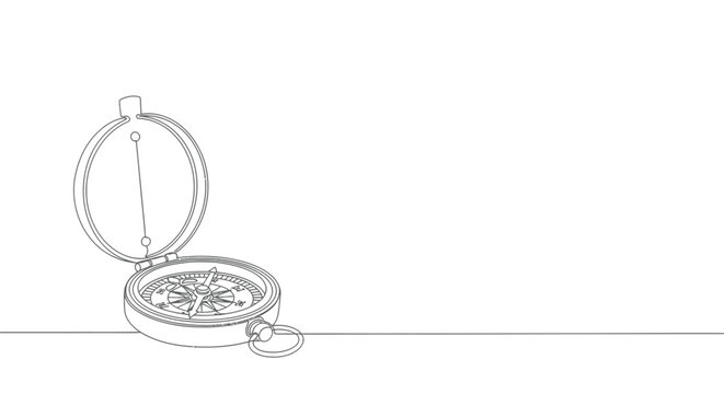 A minimalist line drawing of an open antique compass with a detailed face resting on a horizontal line against a white background