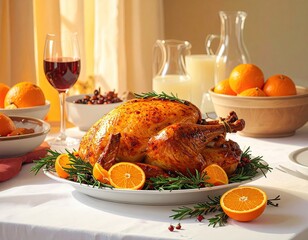 A roasted turkey surrounded by citrus, garnishes, and drinks, set for a holiday meal