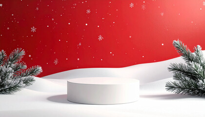 Winter snow scene with frosted pine branches and white round podium on snowy surface against red background with falling snowflakes, creating festive and calm atmosphere