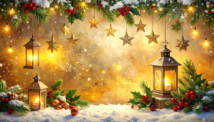 Christmas lantern with candlelight and golden star decorations hanging from snow covered pine branches, creating warm and festive winter holiday atmosphere