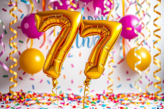 Birthday balloon number seventy seven, golden letter figure 77 celebration background AI Generative