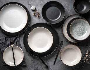 Overhead shot of a modern, diverse dinnerware set on a textured dark surface
