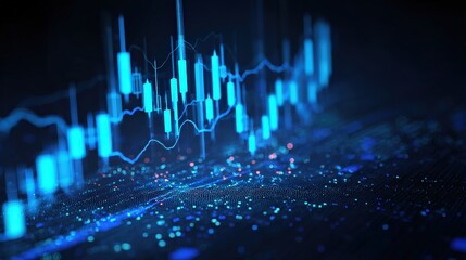A vibrant digital representation of stock market data, featuring blue candlestick charts against a dark background with glowing dots.