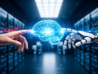 Artificial Intelligence Merging with Human Intelligence Illustration of a Brain Connection Between Human and Robot Hand in Futuristic Data Center