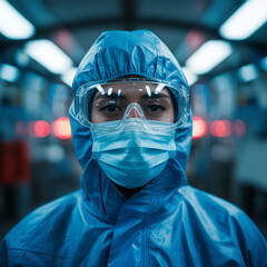 A close-up photograph of a healthcare worker in full protective gear against a blurred industrial background.