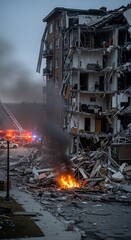 Ruins of a bombed residential building with fire and smoke.