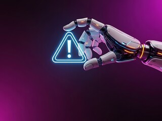 Cybernetic Hand Holding a Glowing Warning Sign Digital Age Tech Security and Artificial Intelligence Futuristic Concept