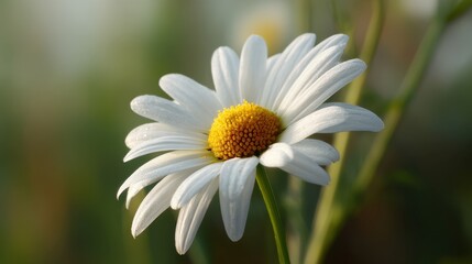 Fototapeta premium A white flower with yellow center. The flower is in a field with green grass. The flower is in full bloom