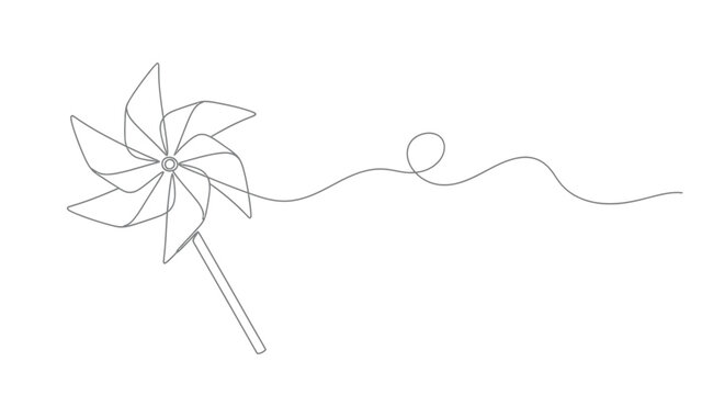 Minimalist single line drawing of a pinwheel toy with a swirling string trailing off into the distance
