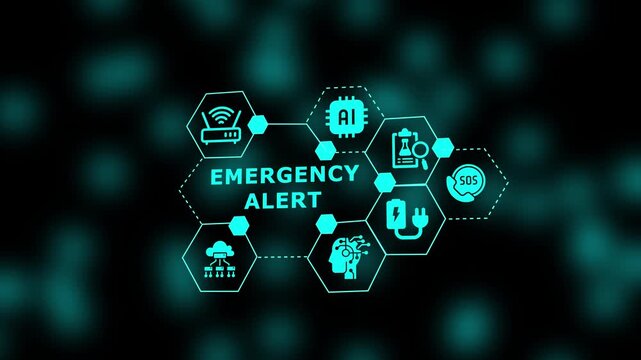 A glowing emergency-alert technology graphic with digital icons representing fast response, communication systems, and connected safety networks.