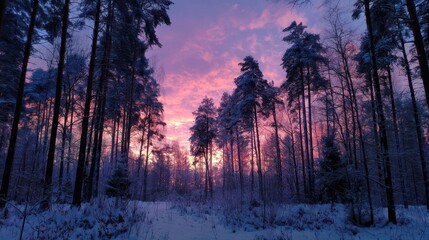 A tranquil winter scene unfolds with a colorful sunset in the background. Tall trees surround the area their branches dusted with snow while hues of pink and purple fill the sky.