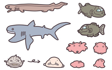 シンプルにデフォルメしたメンダコやサメなどの深海生物イラストセット