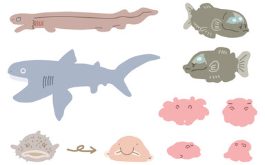 シンプルにデフォルメしたメンダコやサメなどの深海生物イラストセット