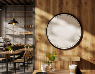 A blank round sign mockup hanging on a sunlit wooden wall in a modern cafe interior, perfect for displaying a logo or brand