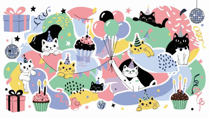 Cats Celebrating Birthday Party with Balloons Cupcakes and Gifts.