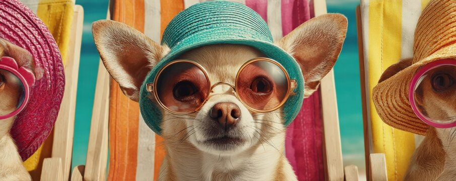 A stylish dog wearing sunglasses and a colorful hat, lounging on a deck chair, exuding a relaxed and playful vibe by the beach. - Powered by Adobe