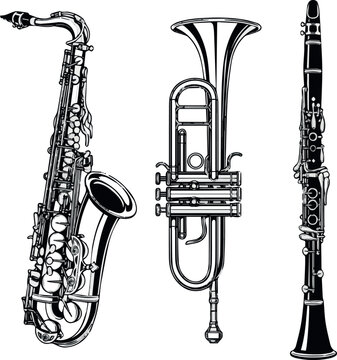 Create Black and white saxophone trumpet clarinet vector illustration musical instruments set on white background.