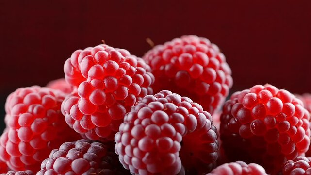 Extreme macro close-up of a pile of fresh sweet bright red raspberries showing detailed texture and small beads