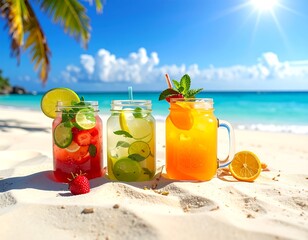 Three colorful drinks in glass jars on a sandy beach