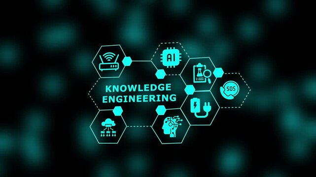 A knowledge-engineering representation featuring glowing tech icons connected in a digital grid symbolizing intelligence, structure, and analysis.